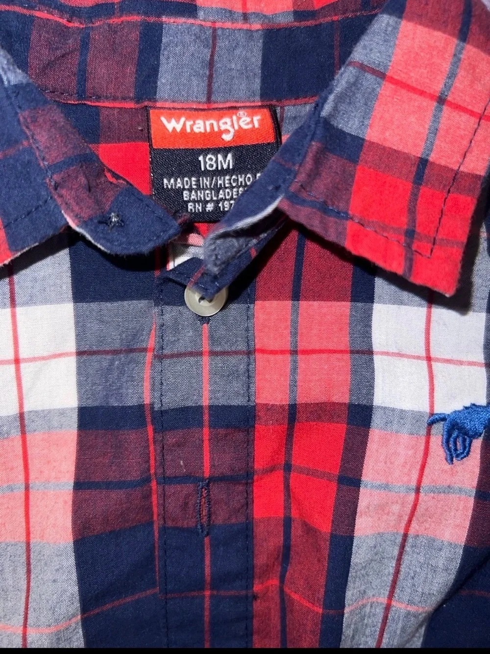 Cat & Jack Red Navy White Plaid Button-Up Onesie with Dark Denim Jeans 18M